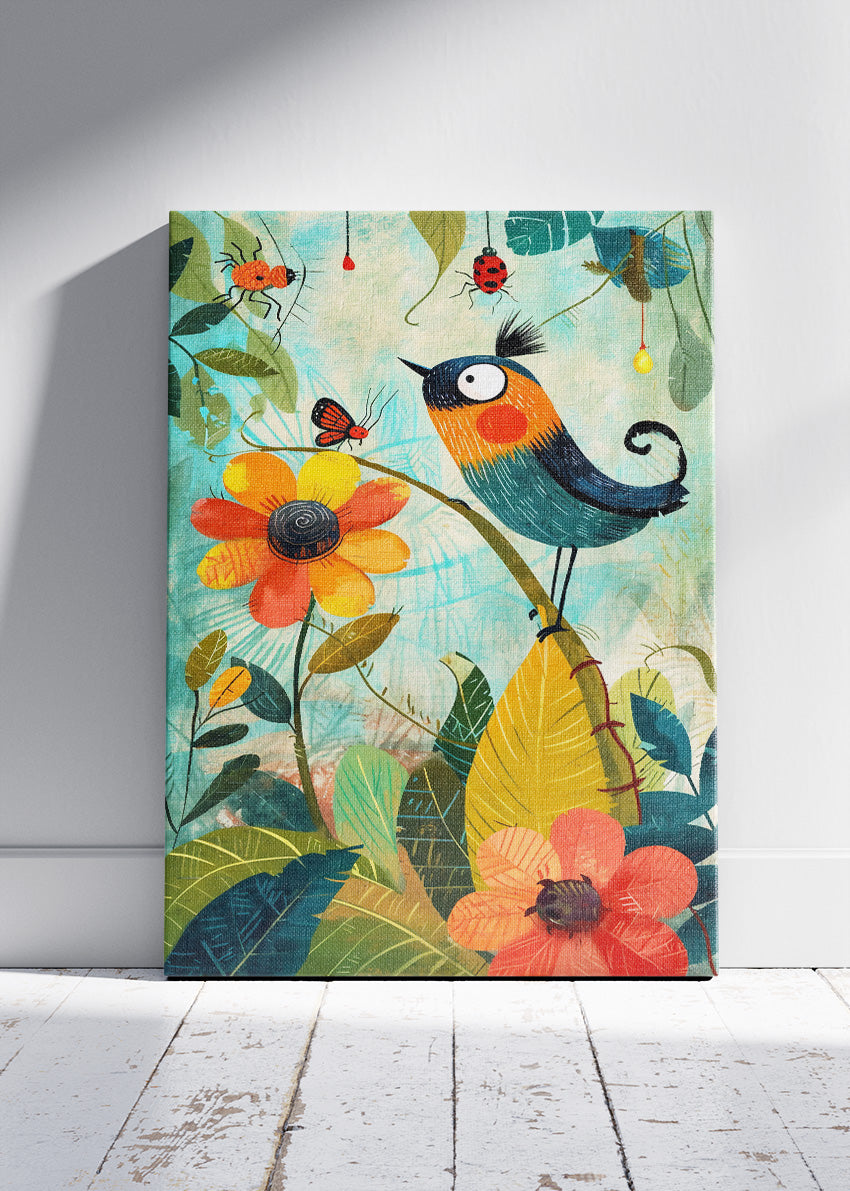 Whimsical Bird & Floral Garden Poster & Canvas Print – Colorful Nature Illustration Art