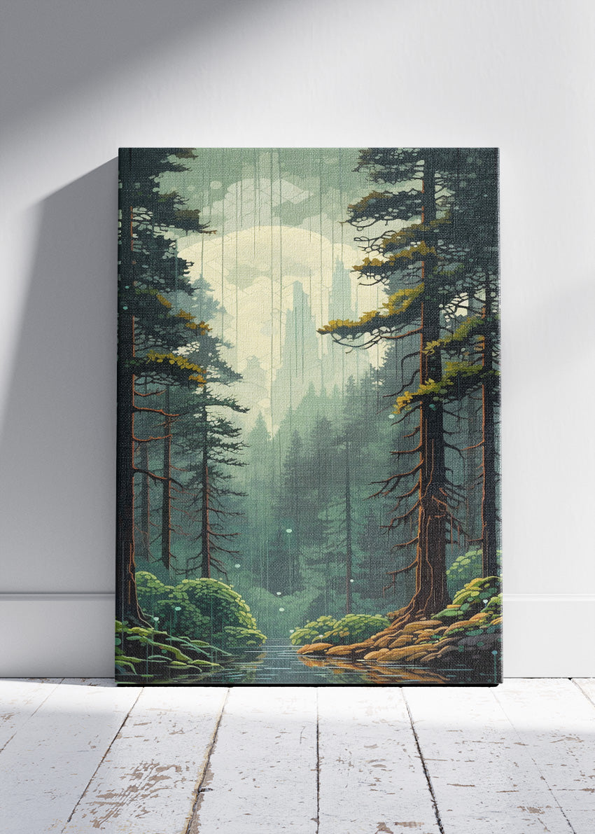 Mystical Pine Forest River Landscape Canvas & Poster Print – AI PRINT LAB
