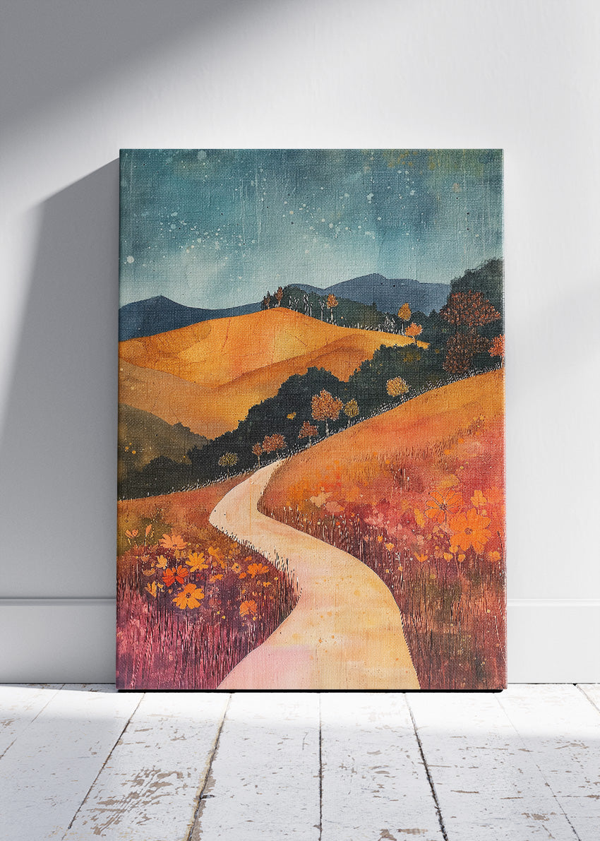 Autumn Pathway Hills – Warm Countryside Landscape Canvas & Poster Print – AI PRINT LAB