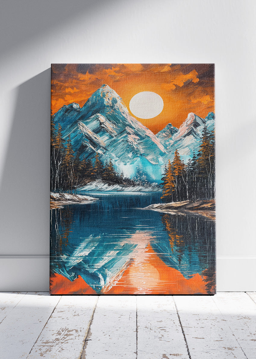 Snowy Mountain Lake at Sunset – Bold Alpine Landscape Wall Art Poster & Canvas – AI PRINT LAB