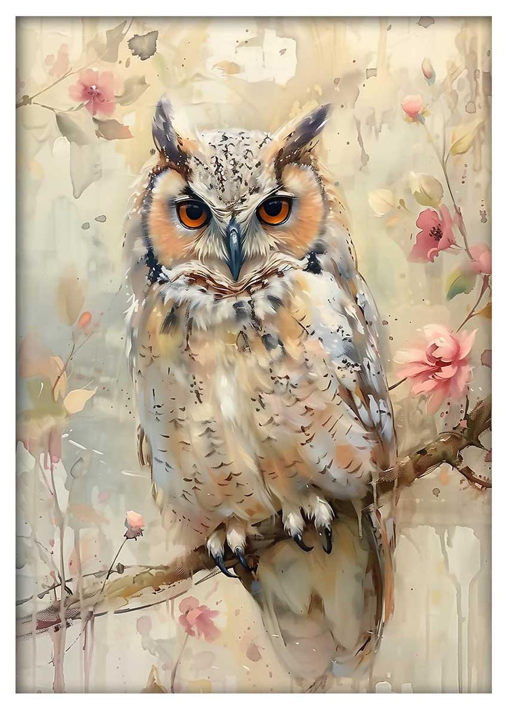 Elegant Owl with Blossoms – Poster & Canvas Wall Art – T774 – AiPrintLab