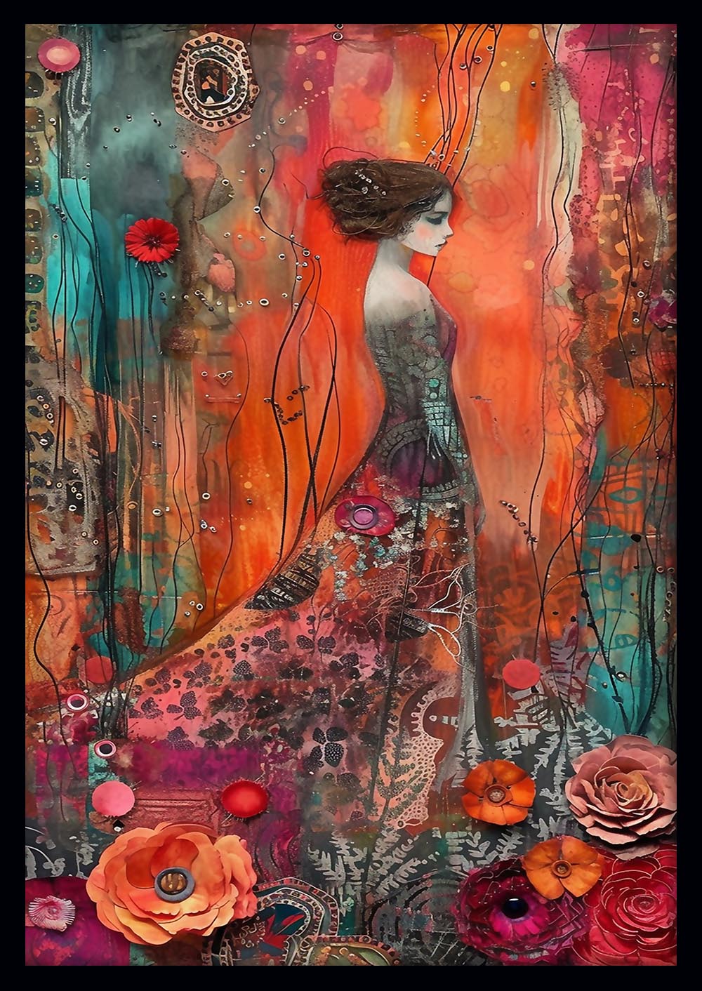 Elegant Woman in Floral Dreamscape – Mixed Media Canvas Art Print – T893 – AiPrintLab