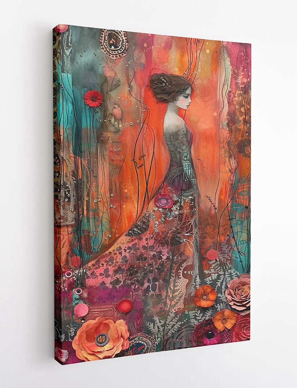 Elegant Woman in Floral Dreamscape – Mixed Media Canvas Art Print – T893 – AiPrintLab