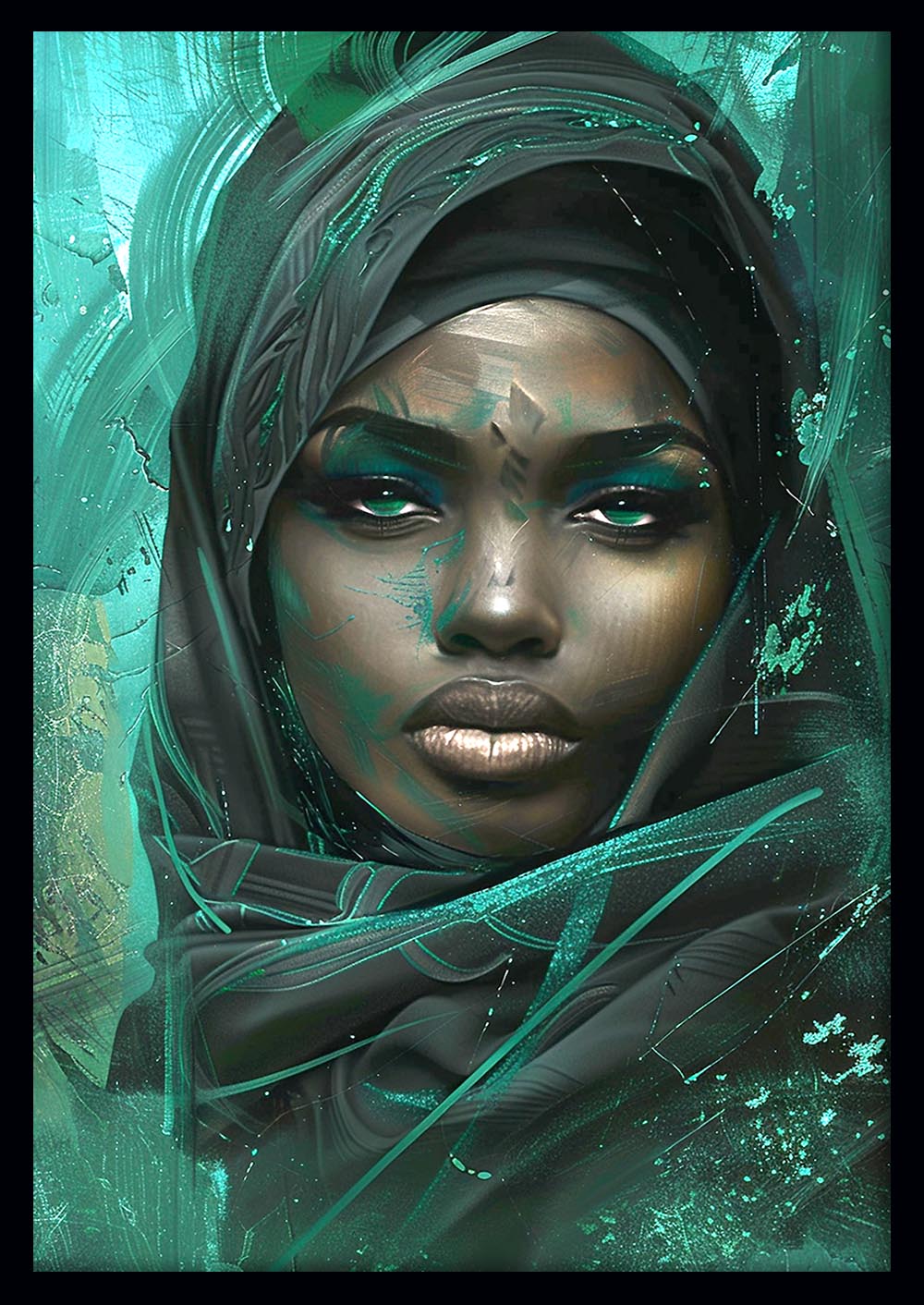 Emerald Strength – Bold Black Woman Portrait Canvas & Poster Art – T1000 – AiPrintLab