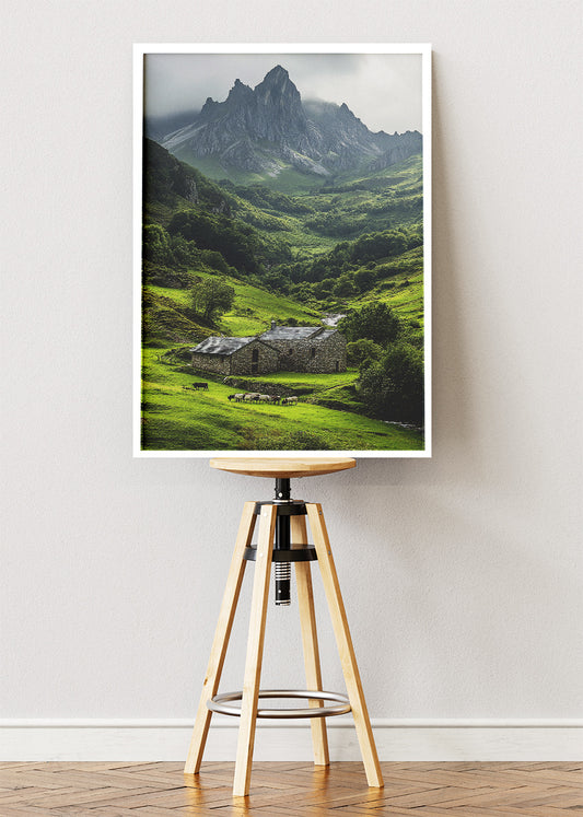 Emerald Valley Cottage – Dramatic Mountain Landscape Wall Art Poster & Canvas – AI PRINT LAB