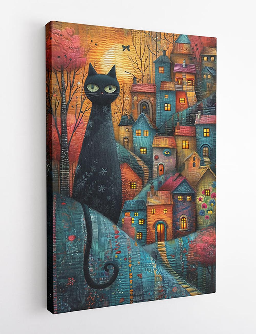 Enchanted Black Cat in Storybook Village – Whimsical Fantasy Canvas Art – T843 – AiPrintLab