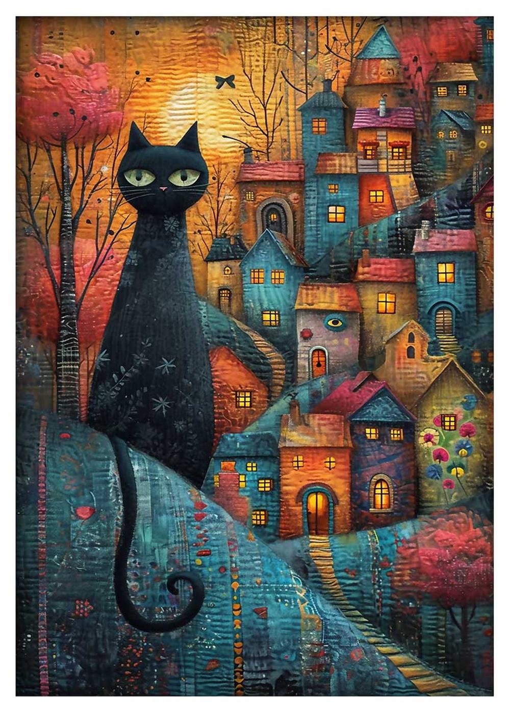 Enchanted Black Cat in Storybook Village – Whimsical Fantasy Canvas Art – T843 – AiPrintLab
