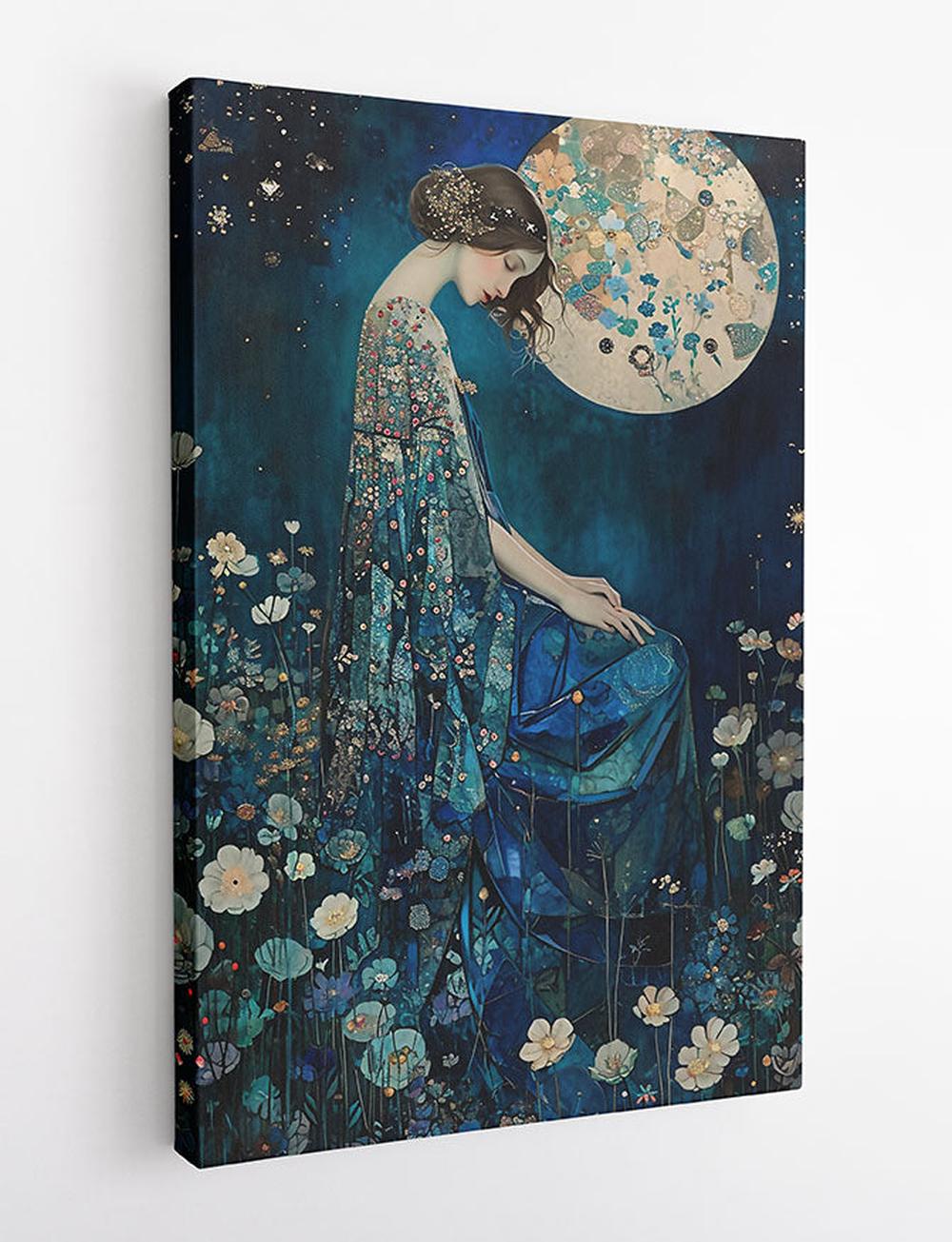 Ethereal Moonlit Woman in Floral Garden Art Print & Canvas – T740 – AiPrintLab