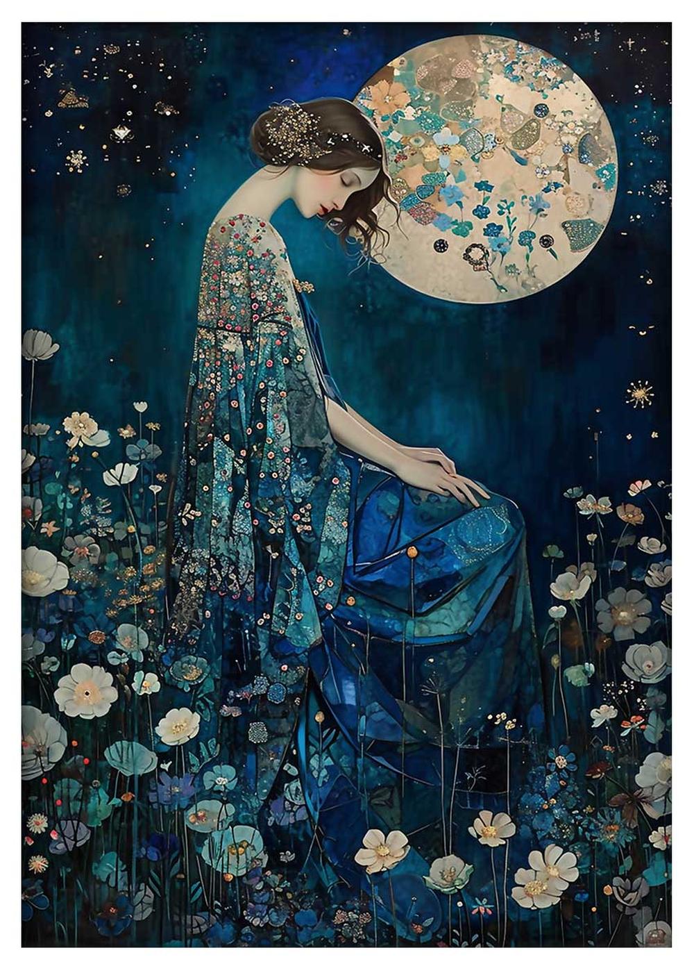 Ethereal Moonlit Woman in Floral Garden Art Print & Canvas – T740 – AiPrintLab