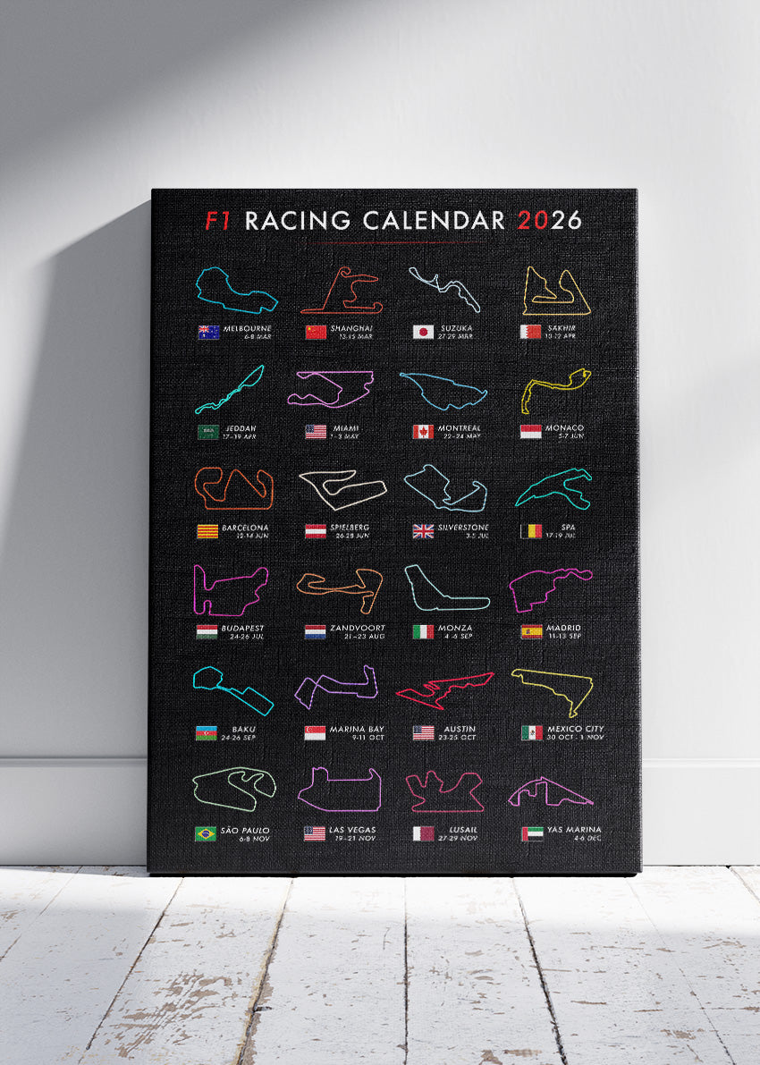 F1 Racing Calendar 2026 Circuit Track Poster Canvas & Print – AI PRINT LAB