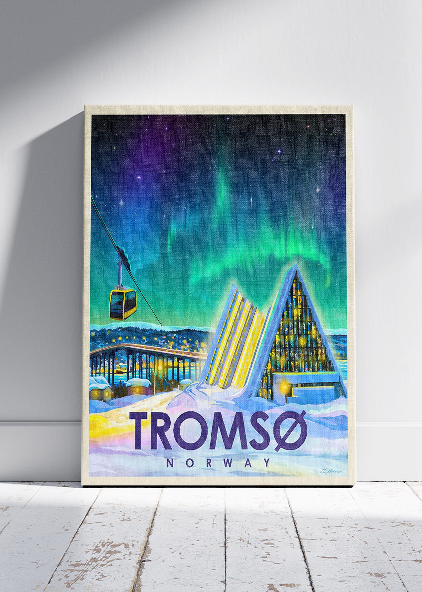 Tromsø Norway Poster & Canvas Print – Illustrated Northern Lights Arctic Cathedral Art