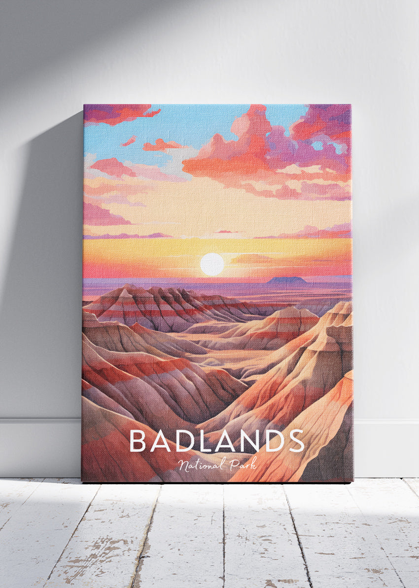 Badlands National Park Poster & Canvas Print – Sunset Desert Landscape Illustration Wall Art