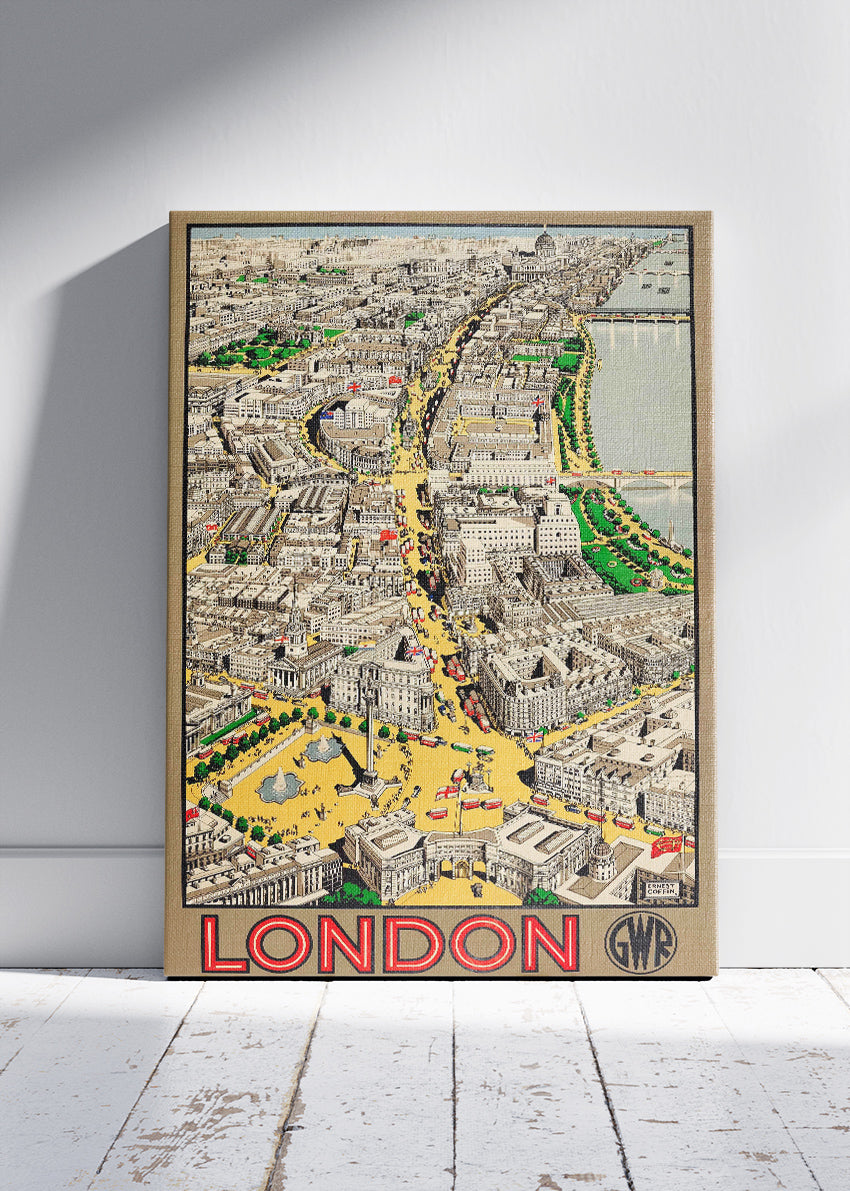 Vintage London City Map Poster & Canvas Print – Illustrated Aerial View Travel Art – A1005
