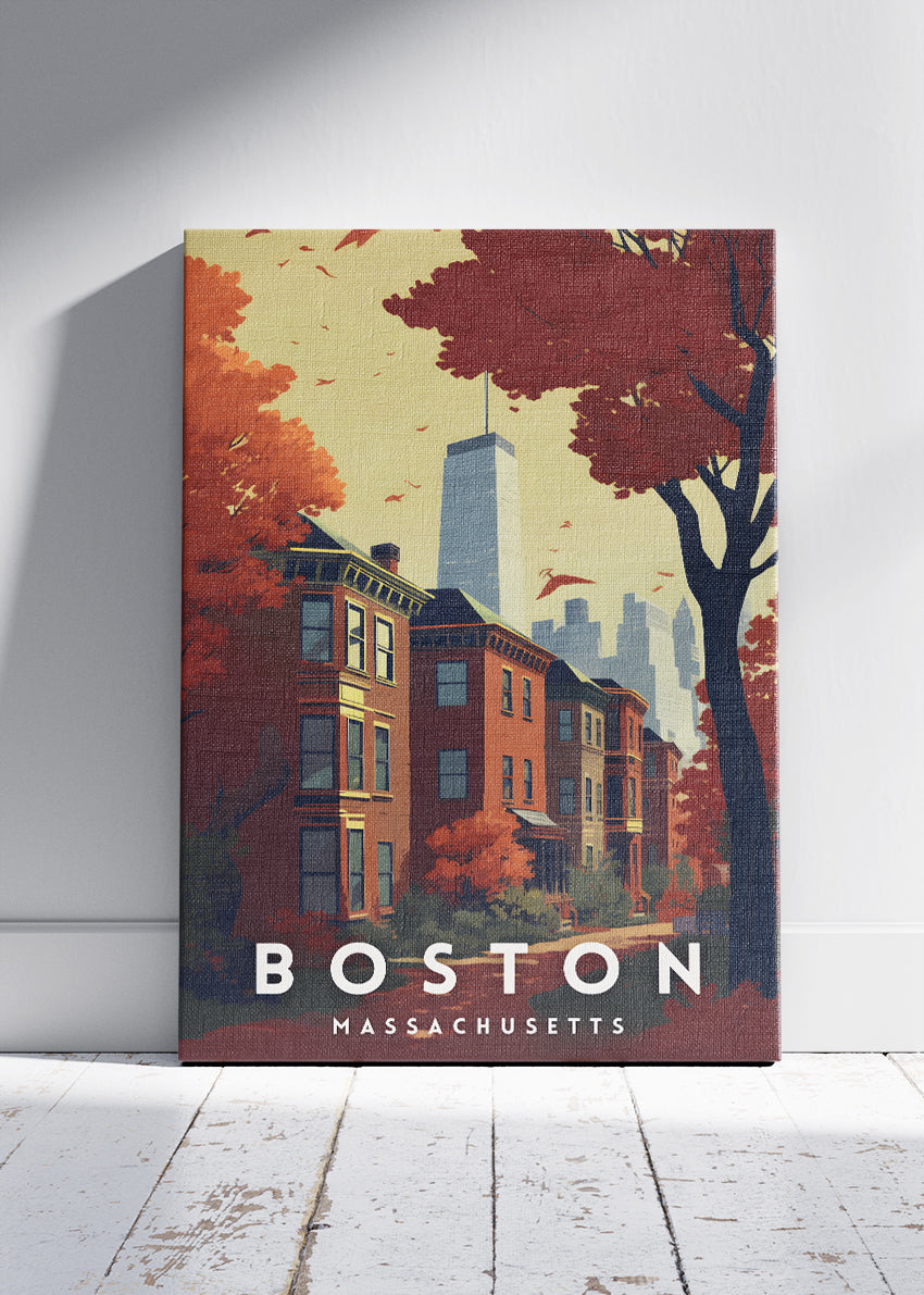 Boston Massachusetts Poster & Canvas Print – Autumn Red Cityscape Illustration