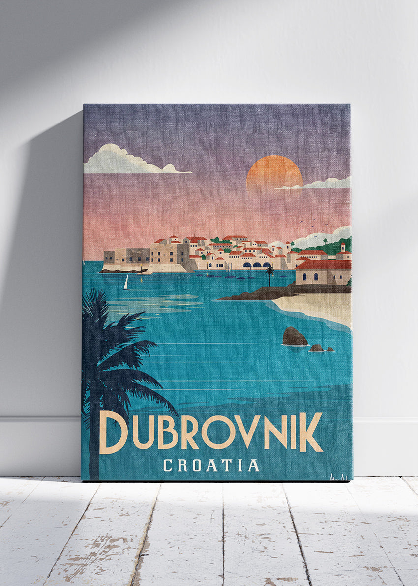 Dubrovnik Croatia Travel Poster & Canvas Print – Sunset Coastal Illustration Wall Art