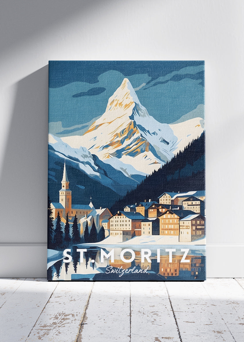 St. Moritz Switzerland Poster & Canvas Print – Illustrated Alpine Mountain Travel Art