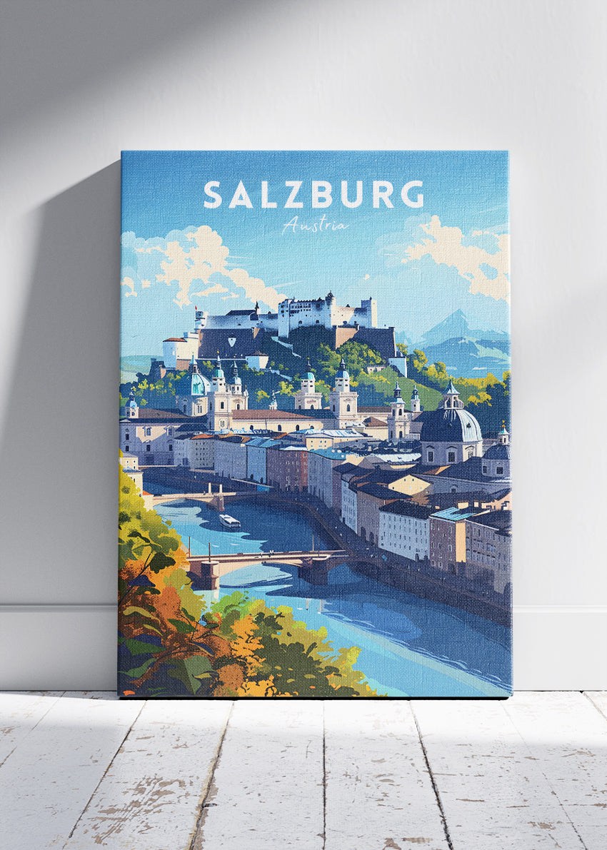 Salzburg Austria Travel Poster & Canvas Wall Art – Old Town & Fortress Hohensalzburg Illustration