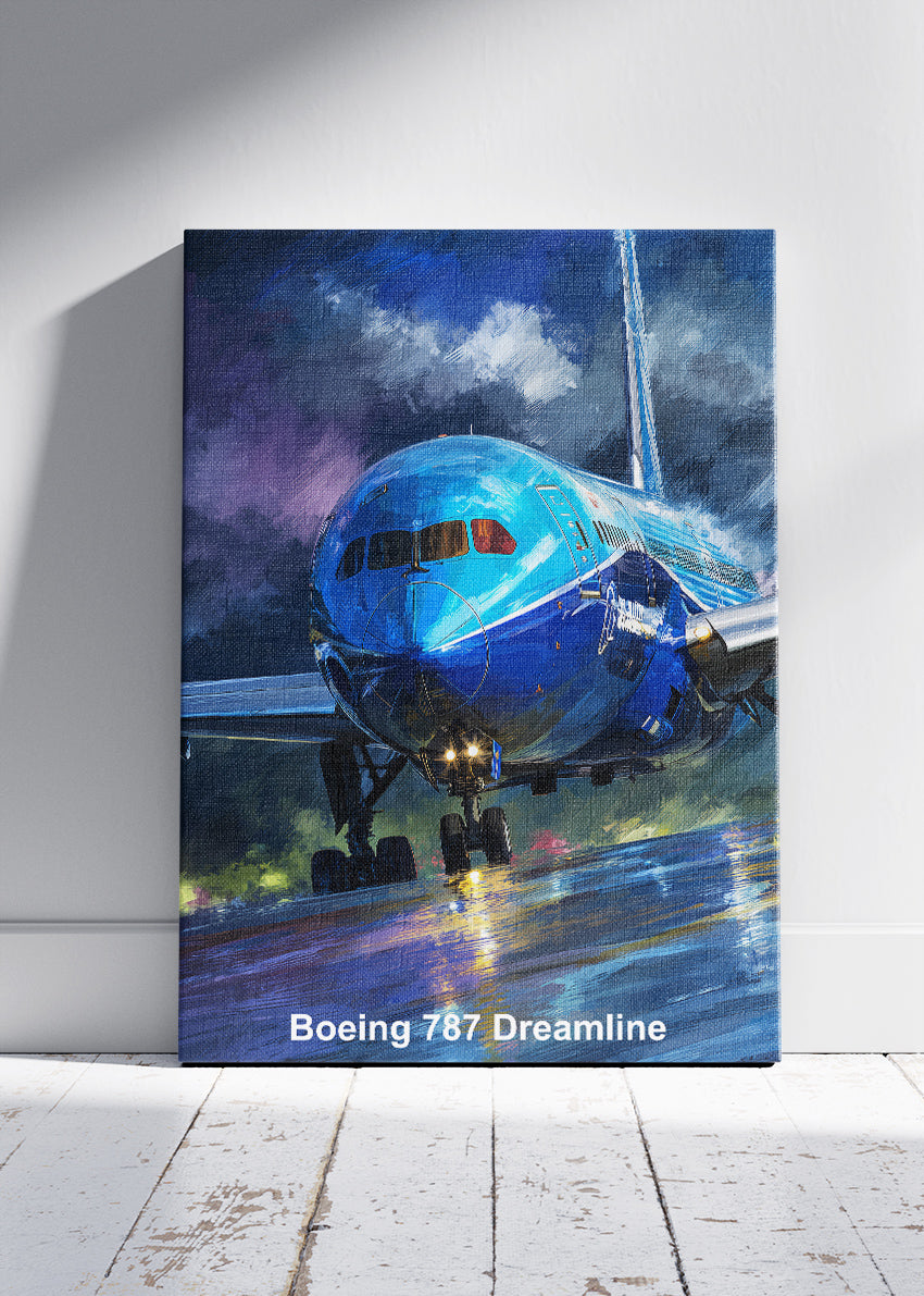 Boeing 787 Dreamliner Poster & Canvas Print – Rainy Runway Aviation Art – Aiprintlab