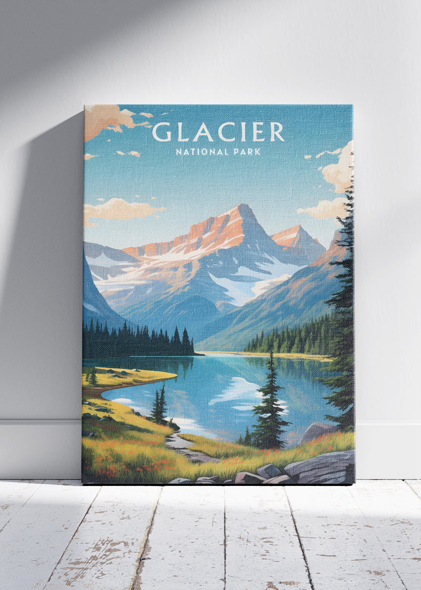 Glacier National Park Poster & Canvas Print – Mountain Lake Landscape Illustration Wall Art