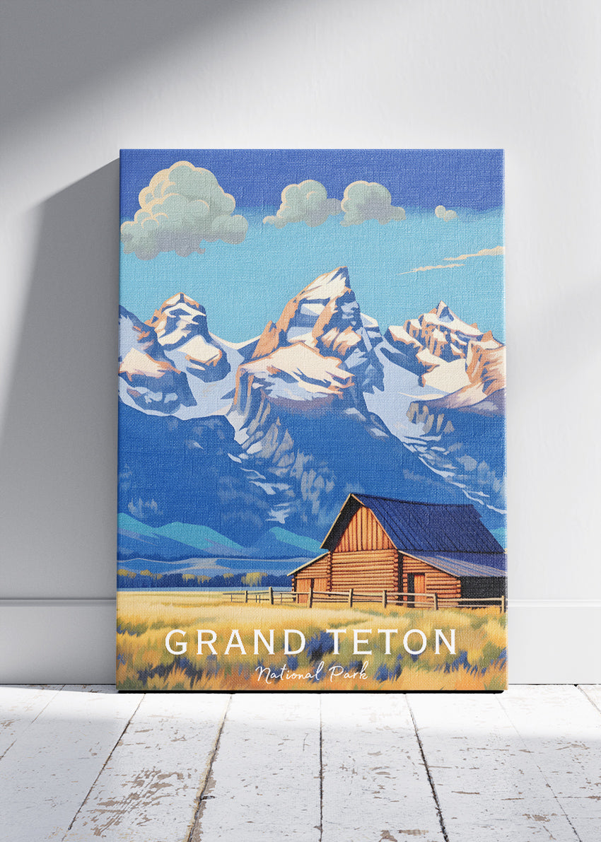 Grand Teton National Park Poster & Canvas Print – Mountain Barn Landscape Illustration Wall Art