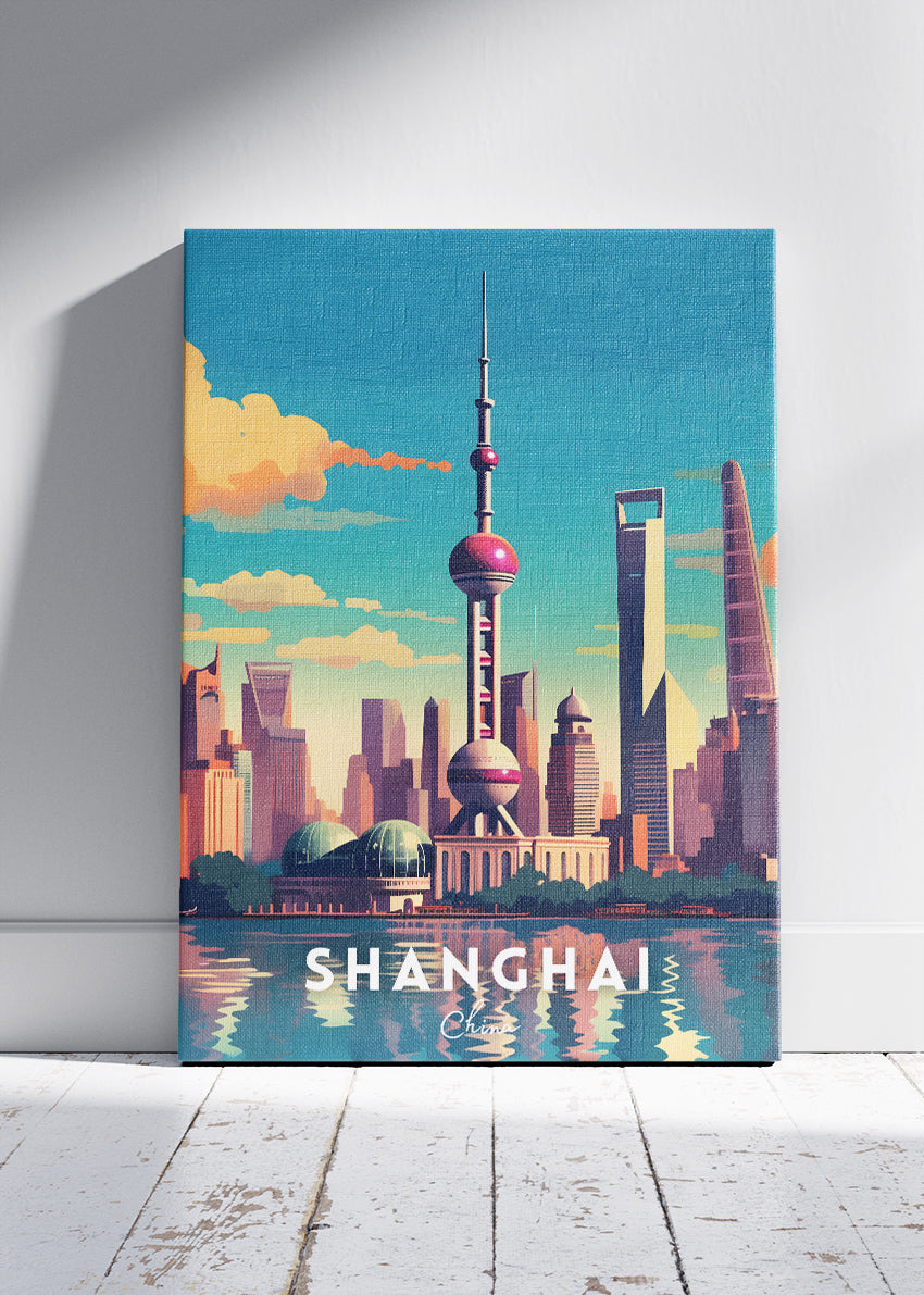 Shanghai China Travel Poster & Canvas Print – Skyline Illustration Wall Art