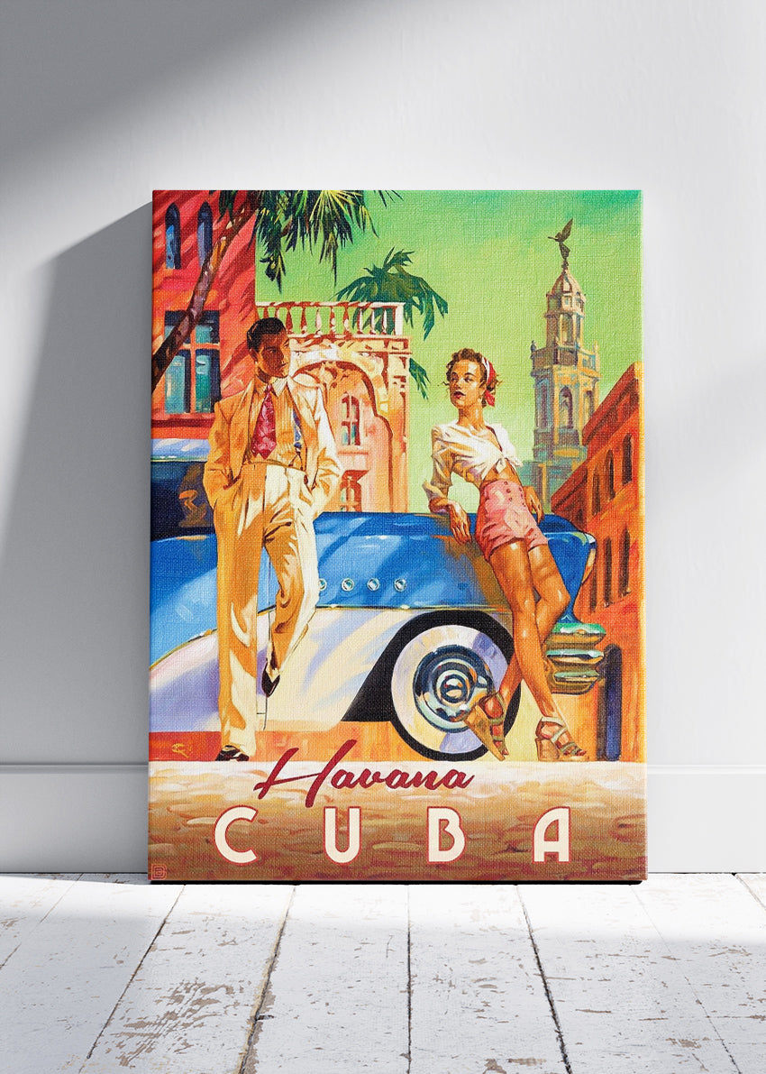 Havana Cuba Vintage Poster & Canvas Print – Retro Classic Car & Stylish Couple Illustration