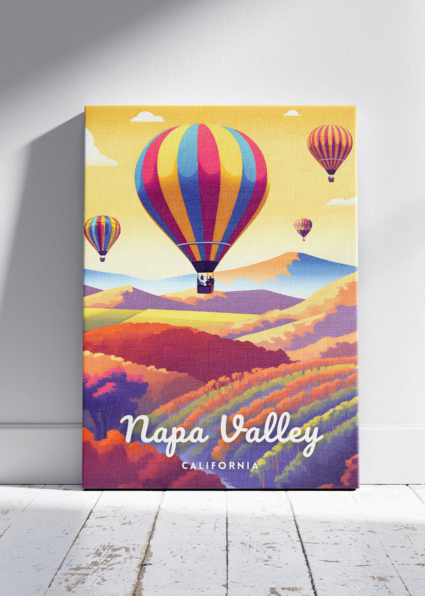 Napa Valley California Poster & Canvas Print – Hot Air Balloons & Vineyard Hills Illustration