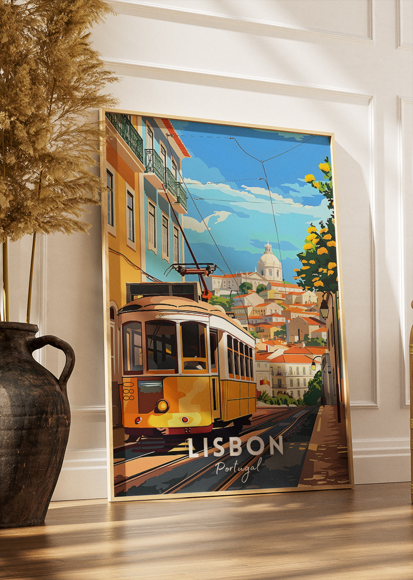 Lisbon Portugal Poster & Canvas Print – Vintage Illustrated Tram Travel Art