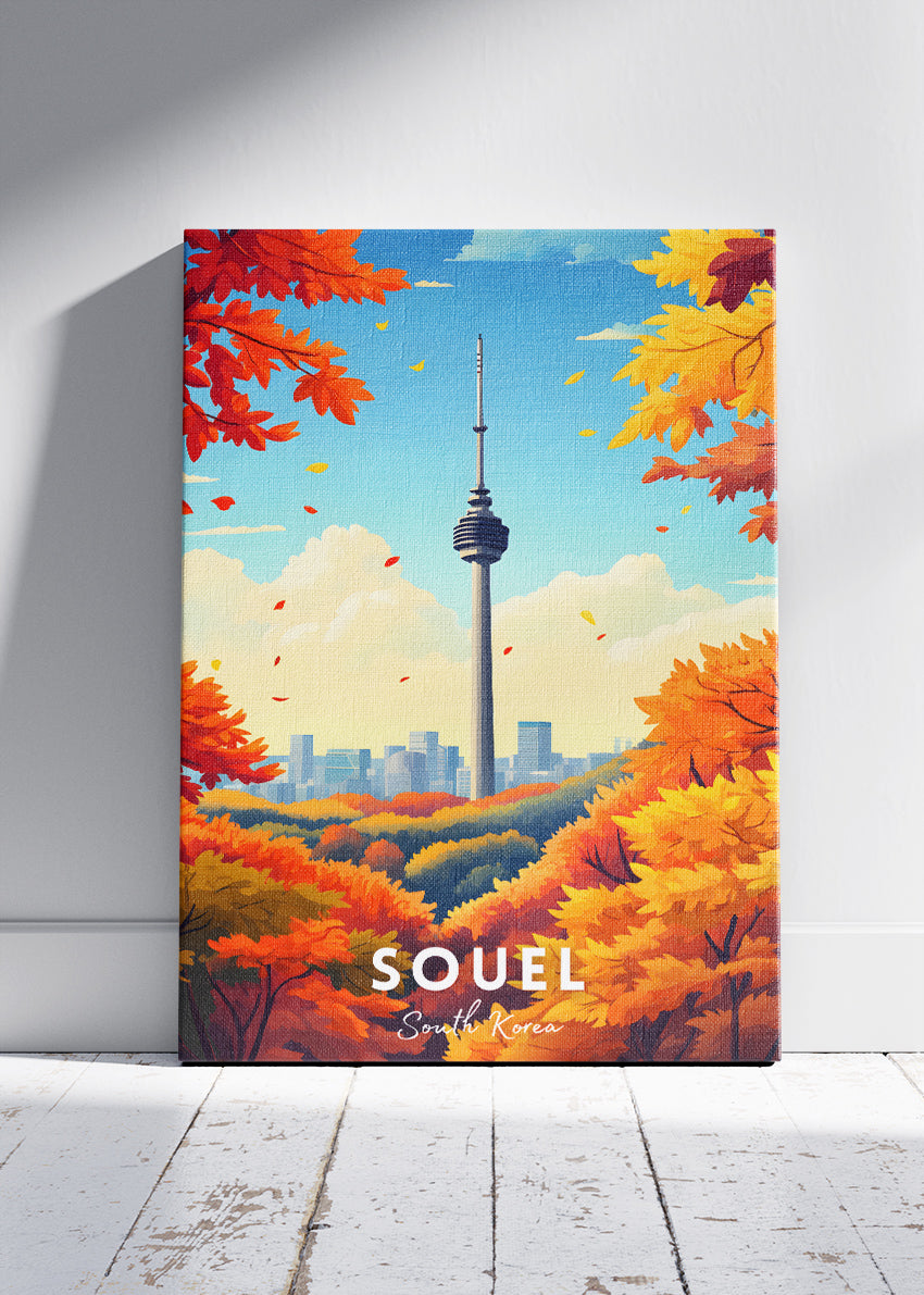 Seoul South Korea Travel Poster & Canvas Print – Autumn Cityscape Illustration Wall Art