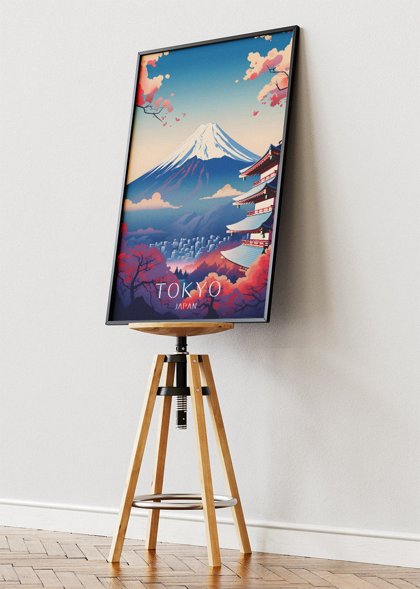 Tokyo Japan Poster & Canvas Print – Illustrated Mount Fuji & Pagoda Art