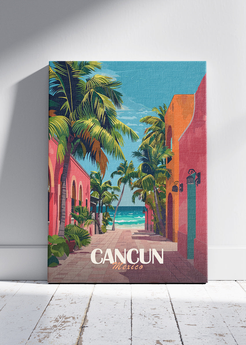 Cancun Mexico Poster & Canvas Print – Illustrated Tropical Street & Beach Art