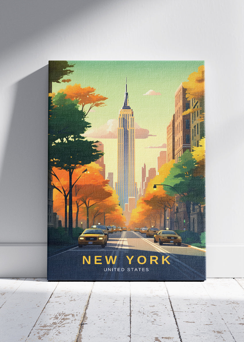 New York United States Poster & Canvas Print – Empire State Building Autumn Avenue Illustration