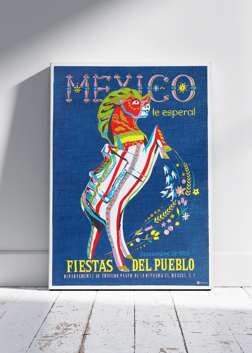 Mexico Vintage Poster & Canvas Print – Retro Fiestas del Pueblo Festival Art
