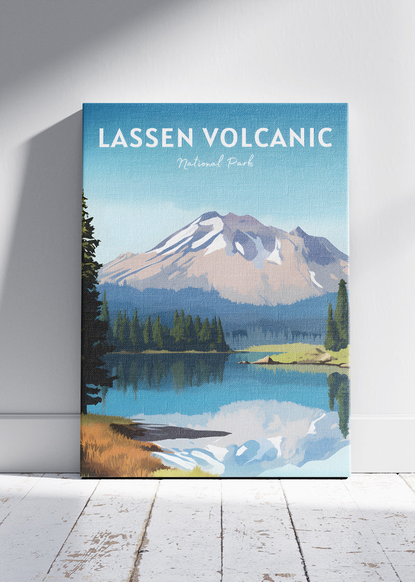 Lassen Volcanic National Park Poster & Canvas Print – Mountain Lake Landscape Illustration Wall Art