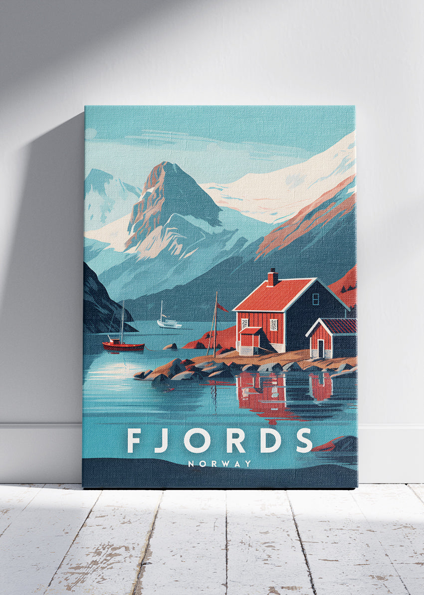 Fjords Norway Poster & Canvas Print – Illustrated Nordic Cabin Mountain Art