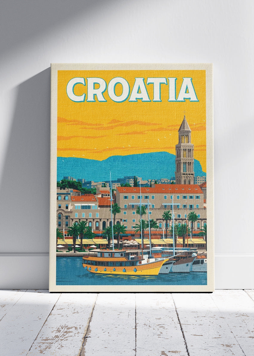 Croatia Travel Poster & Canvas Print – Split Harbour Retro Illustration Wall Art