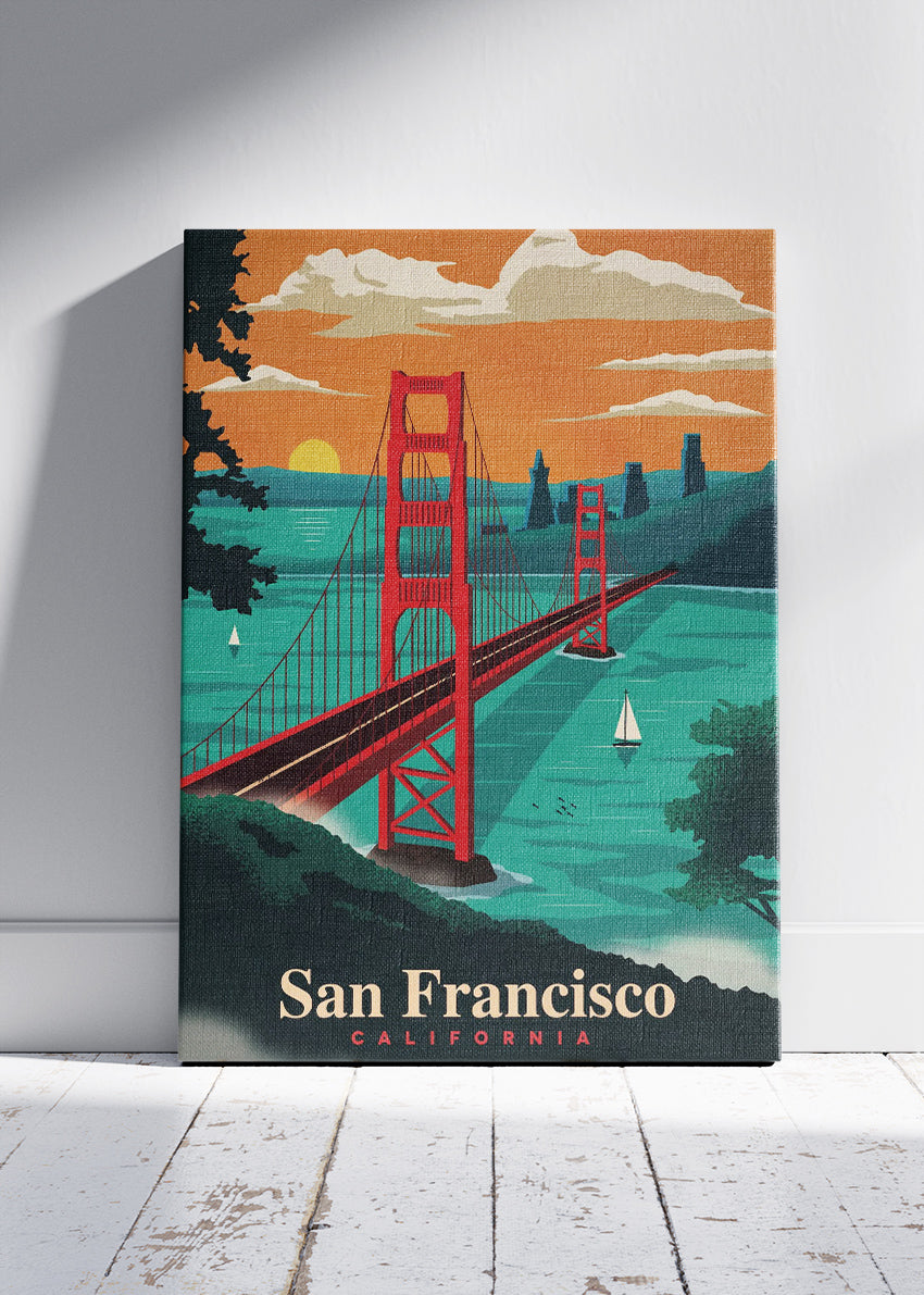 San Francisco California Poster & Canvas Print – Golden Gate Bridge Sunset Illustration Wall Art