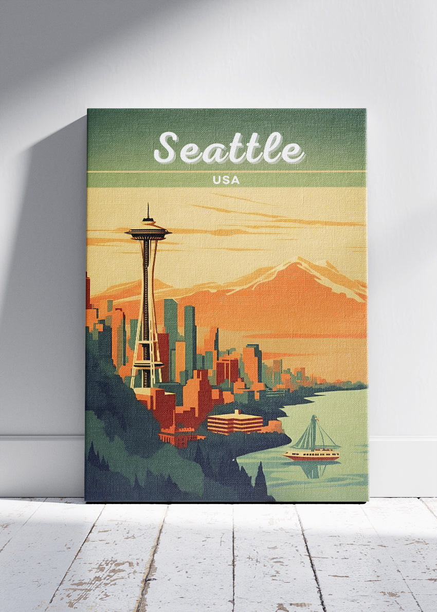 Seattle USA Poster & Canvas Print – Space Needle Skyline Illustrated Wall Art