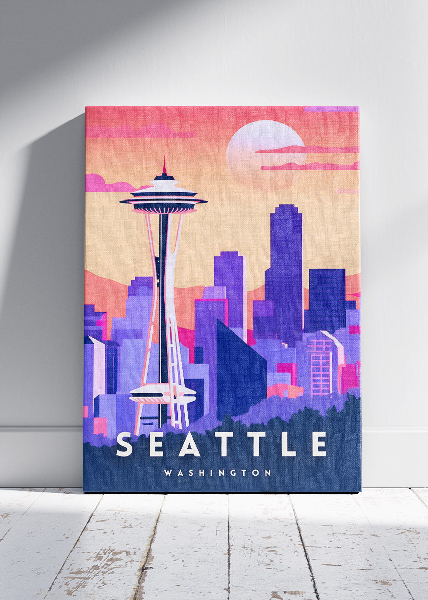 Seattle Washington Poster & Canvas Print – Space Needle Sunset Skyline Wall Art
