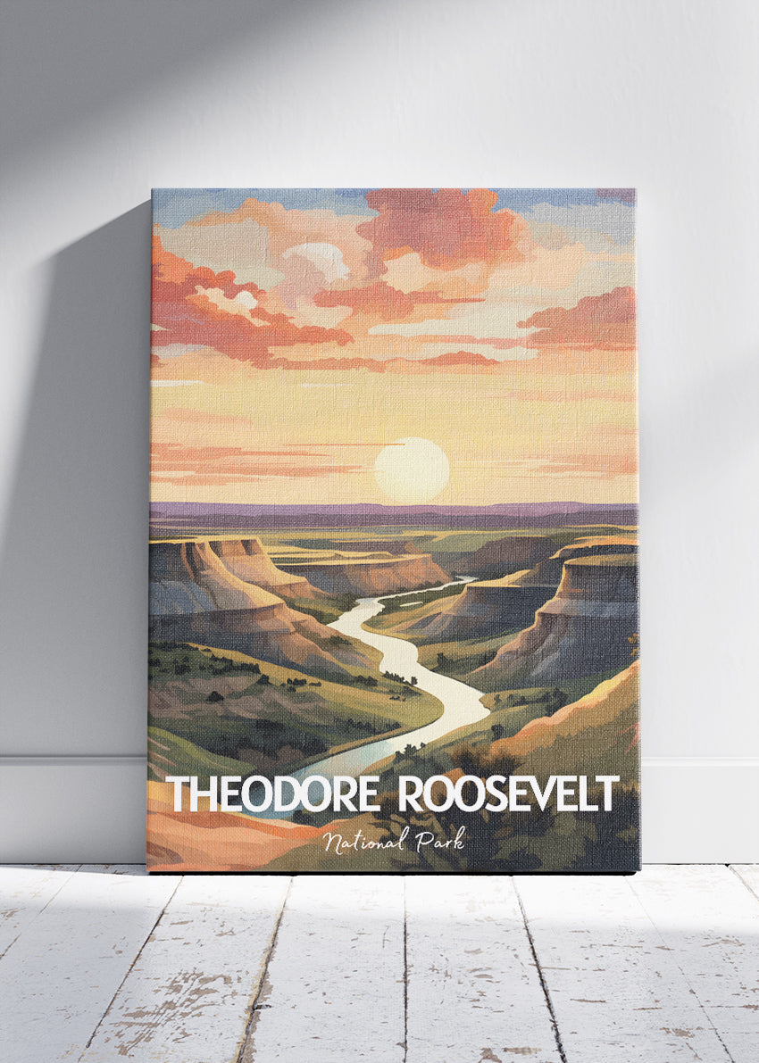 Theodore Roosevelt National Park Poster & Canvas Print – Illustrated Badlands Sunset Wall Art