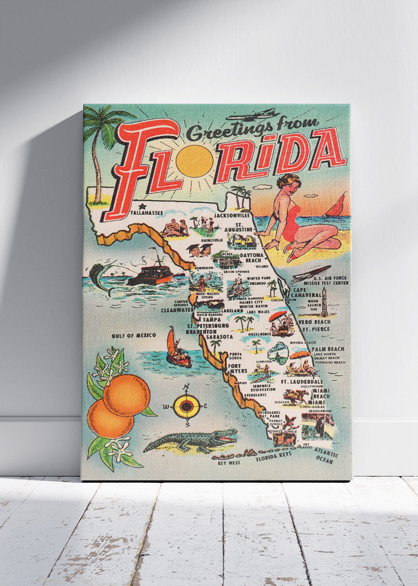 Florida Vintage Map Poster & Canvas Print – Retro Illustrated Sunshine State Wall Art