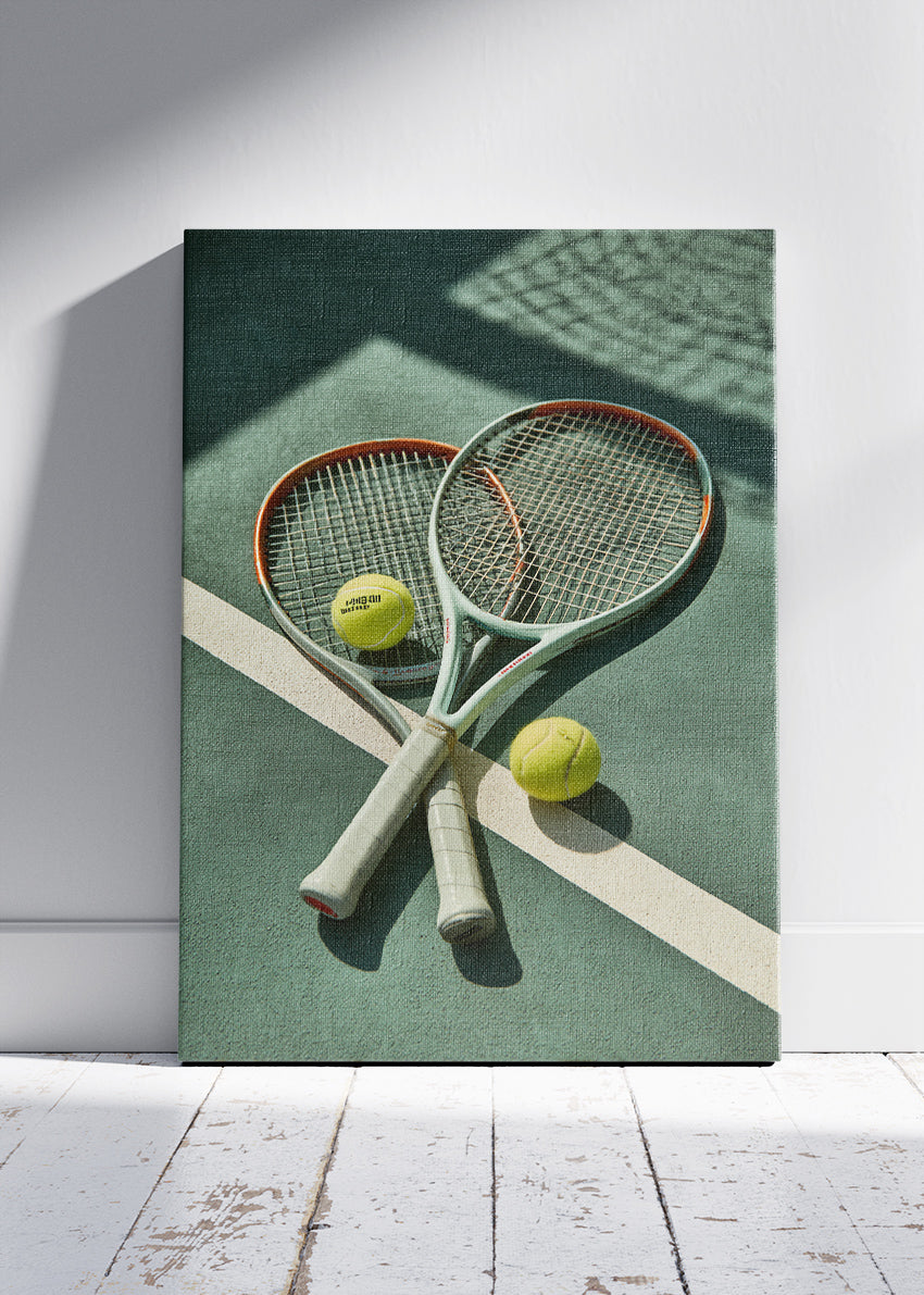 Tennis Rackets on Court Wall Art Poster & Canvas Print – Modern Sports Decor