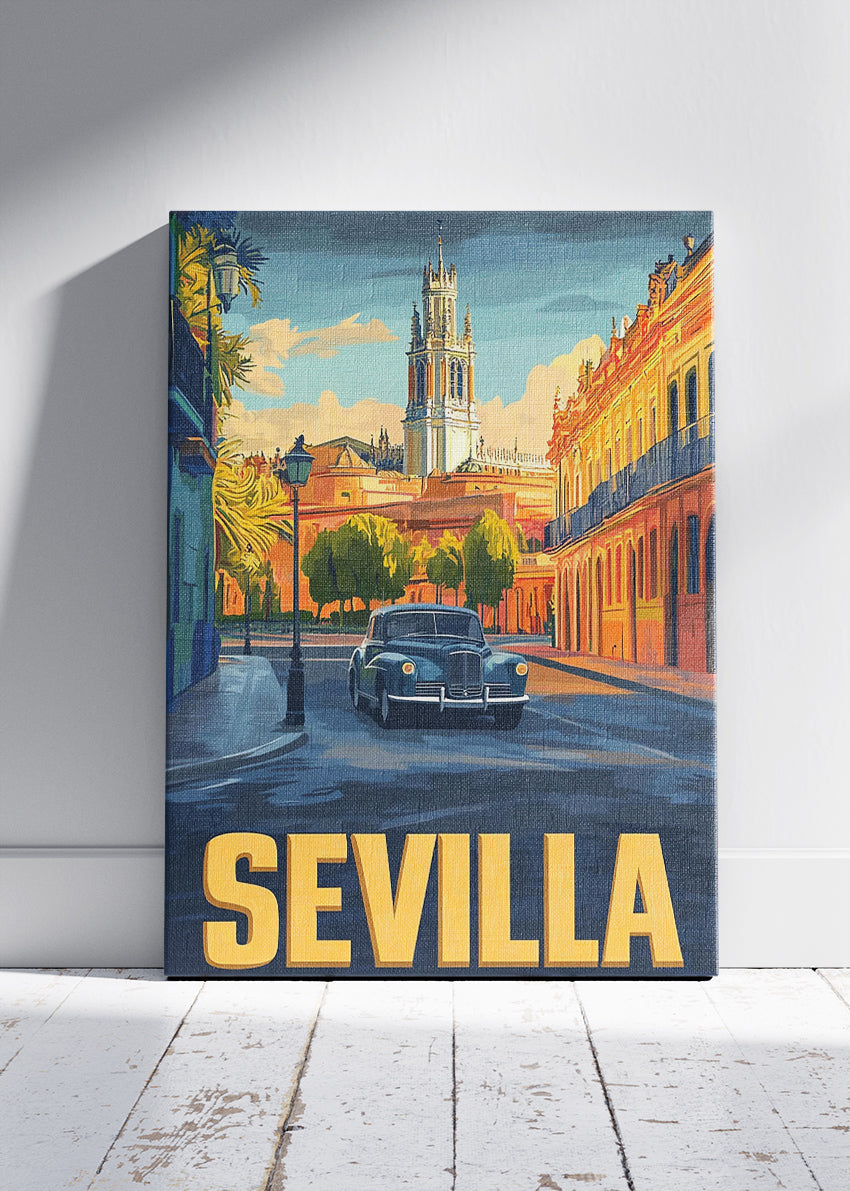 Sevilla Spain Poster & Canvas Print – Vintage Illustrated Andalusia Classic Car Art