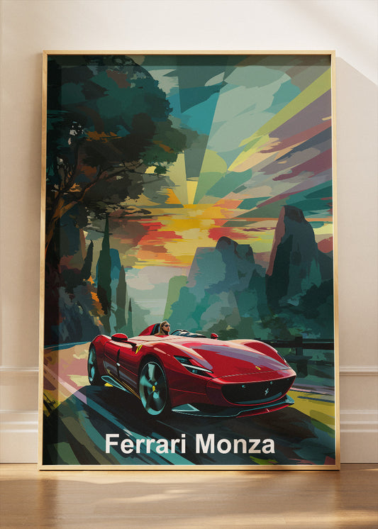 Ferrari Monza Art Poster & Canvas Print – Open-Top Supercar Sunset Wall Art