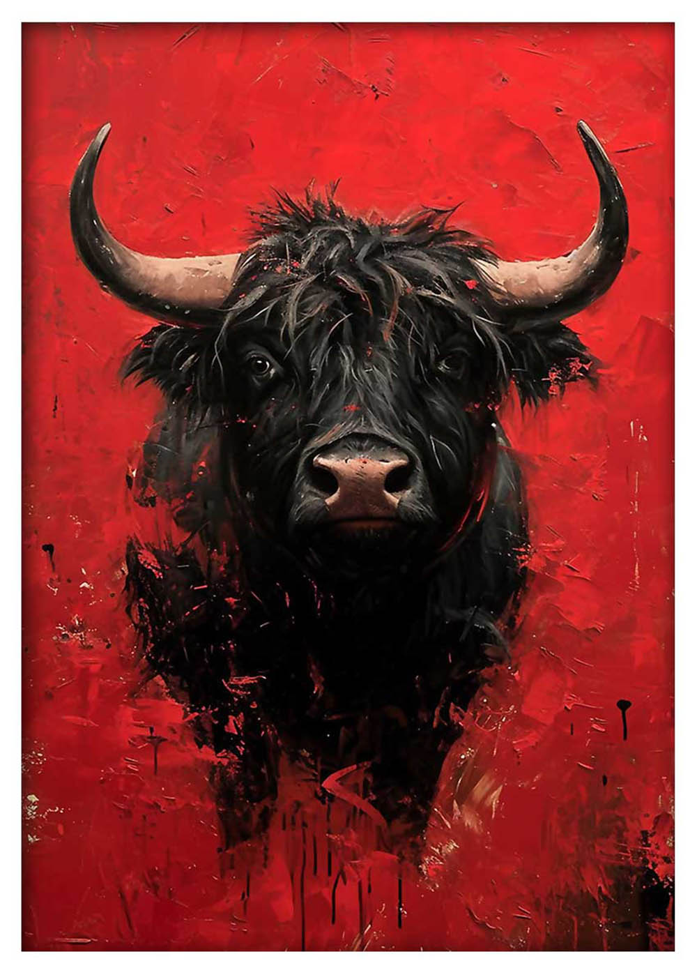 Fierce Black Bull on Red Background – Bold Animal Canvas & Poster Art – T913 – AiPrintLab