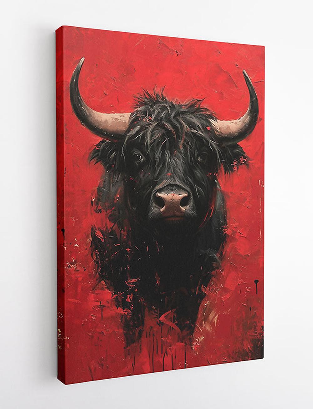 Fierce Black Bull on Red Background – Bold Animal Canvas & Poster Art – T913 – AiPrintLab