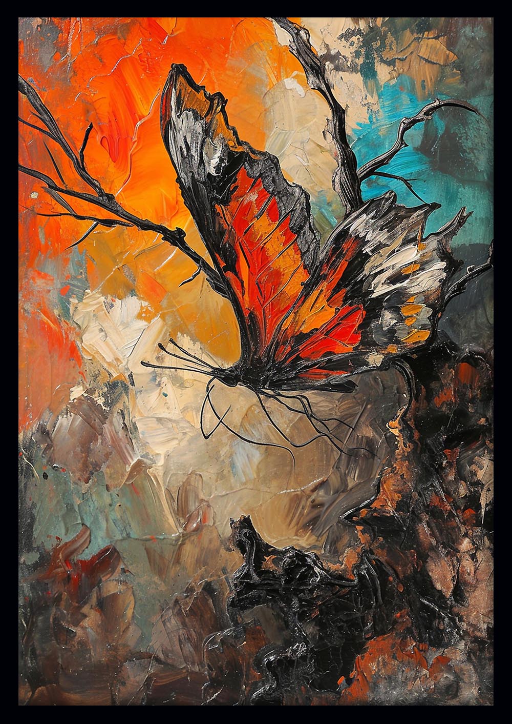 Fiery Butterfly Textured Painting – Abstract Expressionist Canvas & Poster Wall Art – T1189 – AiPrintLab
