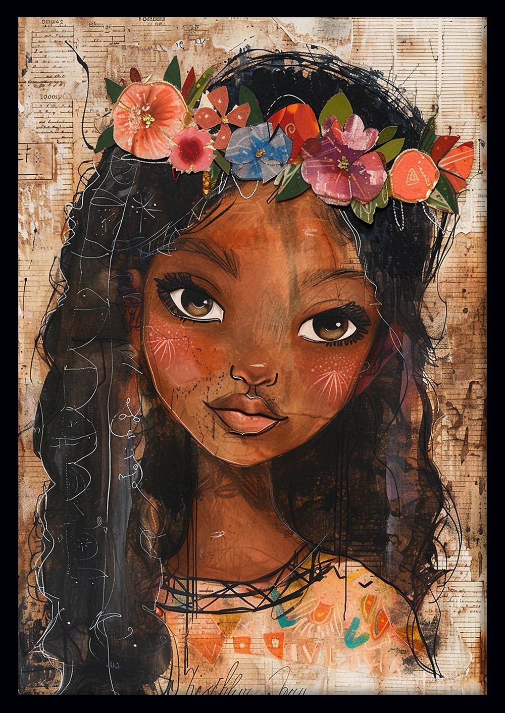 Floral Crown Girl – Mixed Media Portrait Canvas & Poster Wall Art – T1043 – AiPrintLab