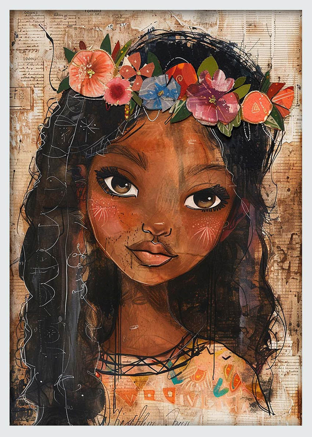 Floral Crown Girl – Mixed Media Portrait Canvas & Poster Wall Art – T1043 – AiPrintLab