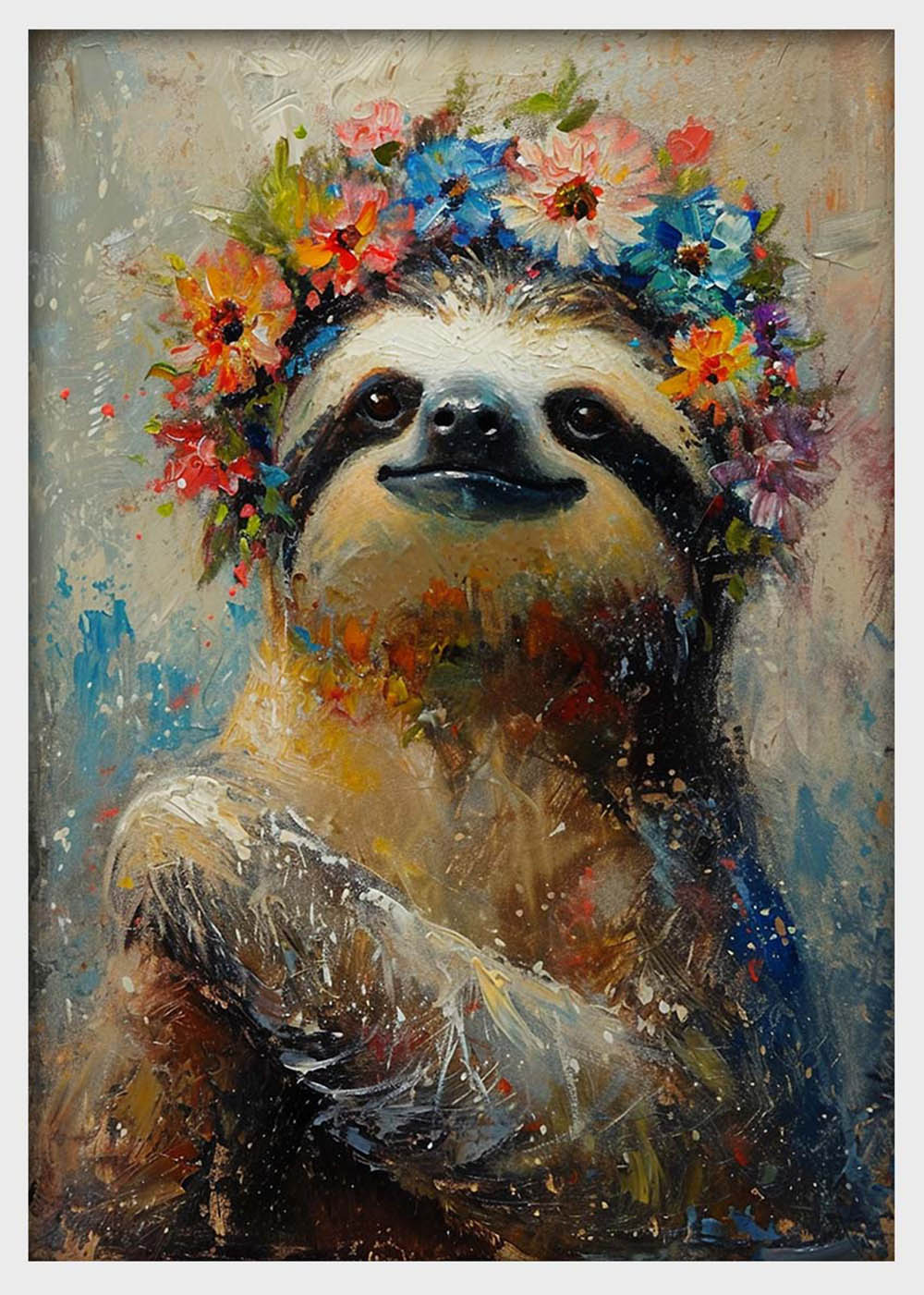 Floral Crown Sloth Wall Art – Whimsical Animal Canvas & Poster Print – T1390 –
